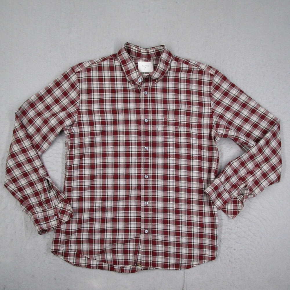 Billy Reid Mens Standard Fit Plaid Button Down Shirt Red White Cotton Size M